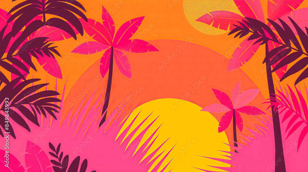 Naklejka premium Simplified graphic representation of a tropical sunset with bold geometric shapes in pink and orange hues.