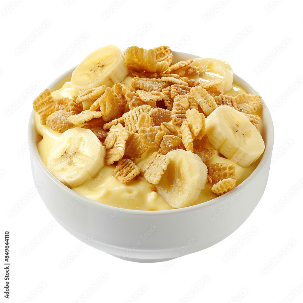 Vanilla pudding bowl with banana slices on transparent or white background Vanilla pudding bowl with banana slices on transparent or white background