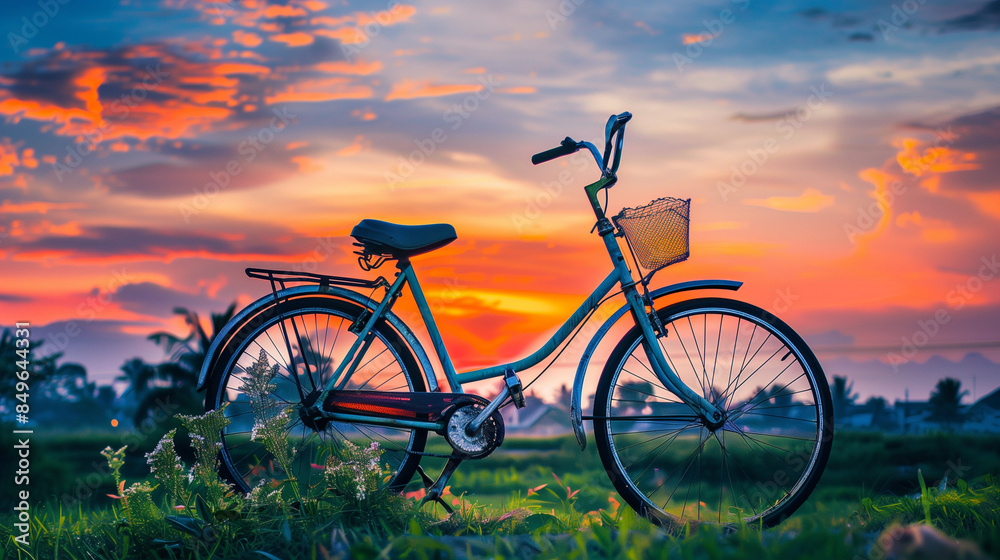 Fototapeta premium A parked bicycle with a beautiful sunset in the background