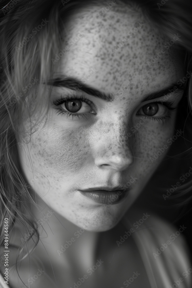 A black and white portrait of a young woman with freckles, her intense gaze and detailed features capturing a timeless and captivating beauty A black and white portrait of a young woman with freckles, her intense gaze and detailed features capturing a timeless and captivating beauty