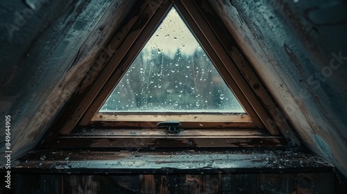 a photo of V-shaped attic, closing on a window, giving depth. Behind, outside the window, bad weather photo