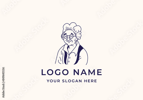 Logo lineart grandmother smile wearing glasses. Logo grandma, line, mascot. Editable file