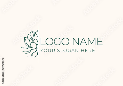 logo half of lotus flower with roots. Logo line, miinimalist and modern. Editable file