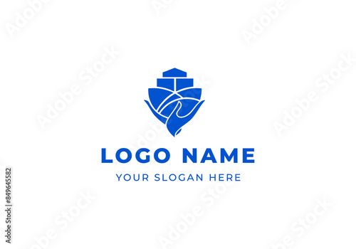 logo hands hold ship container. Editable file
