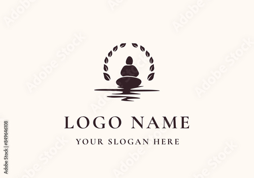 logo meditation yoga stone with leaves. Logo health, yoga, meditation. Editable file