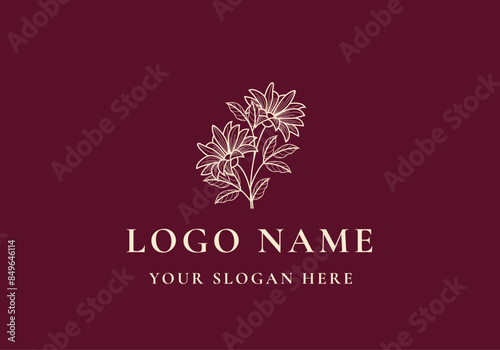 logo line sunflower branch. Logo floral, botanical, line handrawn. Editable file