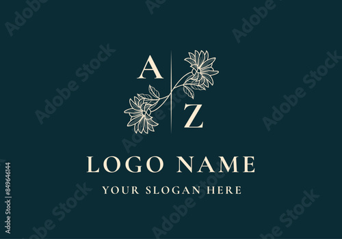 logo line flower branch with initial A Z. Logo floral, botanical, line handrawn. Editable file