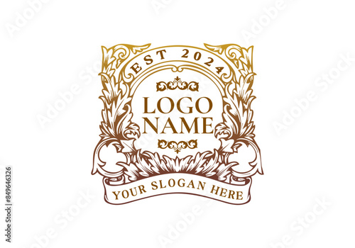 Logo Gold flowers frame vintage ribbon. Logo retro, floral, luxury. Editable file