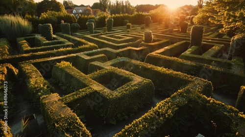 a box hedge maze city at golden hour wide angle at dusk photo