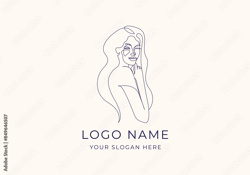 logo lineart woman with long hair and hand on chin. Logo lady, continous line. Editable file logo lineart woman with long hair and hand on chin. Logo lady, continous line. Editable file