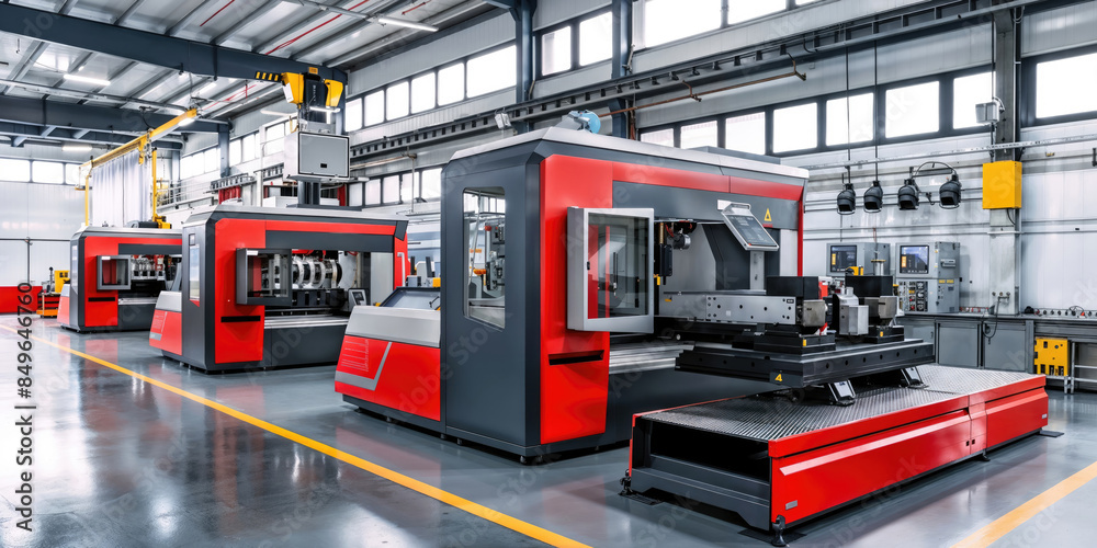 Modern industrial machinery inside a spacious factory. Modern industrial machinery inside a spacious factory.