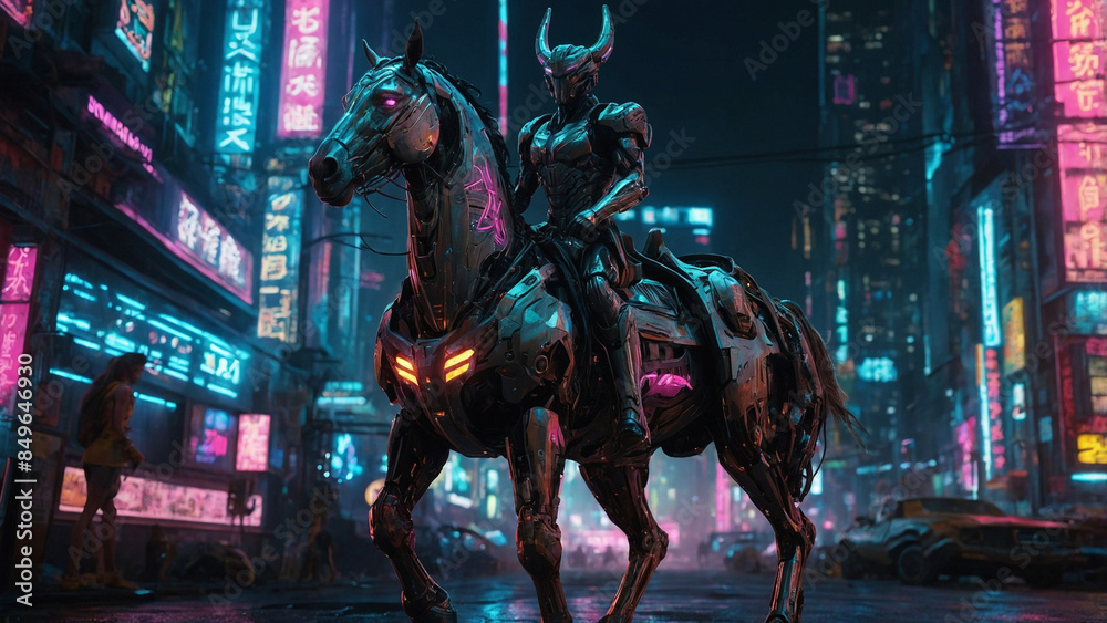 A towering formidable centaur warrior its sleek metal in Tokyo A towering formidable centaur warrior its sleek metal in Tokyo