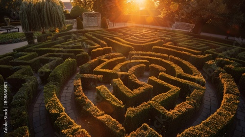 a box hedge maze city at golden hour wide angle at dusk photo