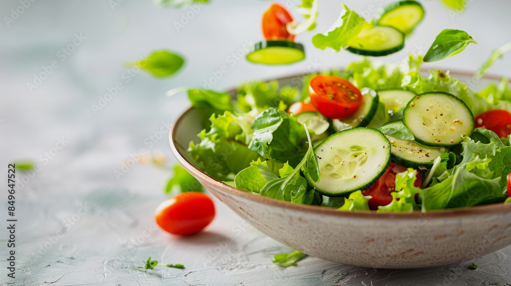 green salad with cucumber and tomatoes falling into a salad bowl against light gray background green salad with cucumber and tomatoes falling into a salad bowl against light gray background