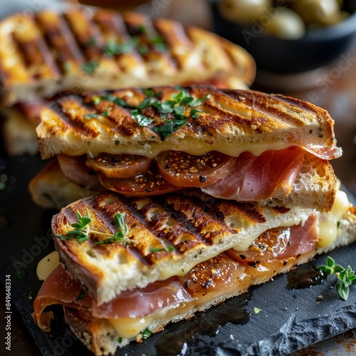 panini sandwich with prosciutto, brie, and fig jam, served on a slate platter with a small side of olives