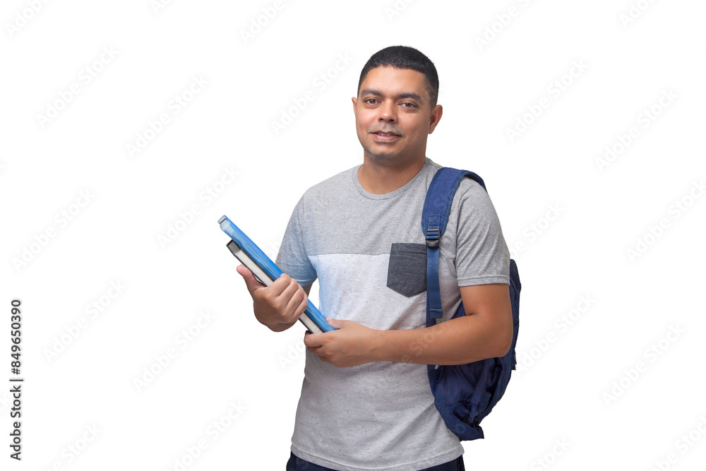 Student with backpack and notebooks in hands. Student concept. university concept. Neutral background. Student with backpack and notebooks in hands. Student concept. university concept. Neutral background.