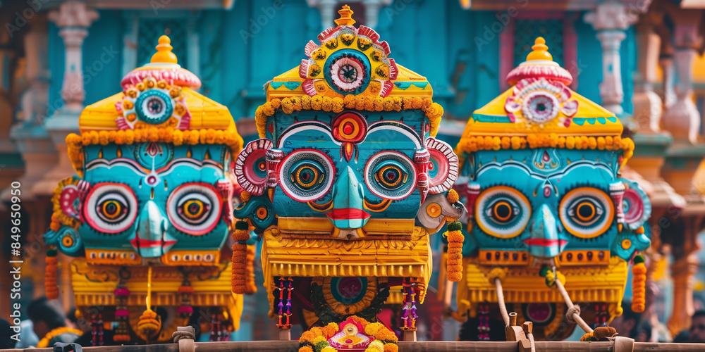 Fototapeta premium Vibrant Ratha Yatra festival scene with ornate, colorful chariots of Lord Jagannath amidst a lively crowd. The street is adorned with bright decorations and marigold garlands, capturing the festive