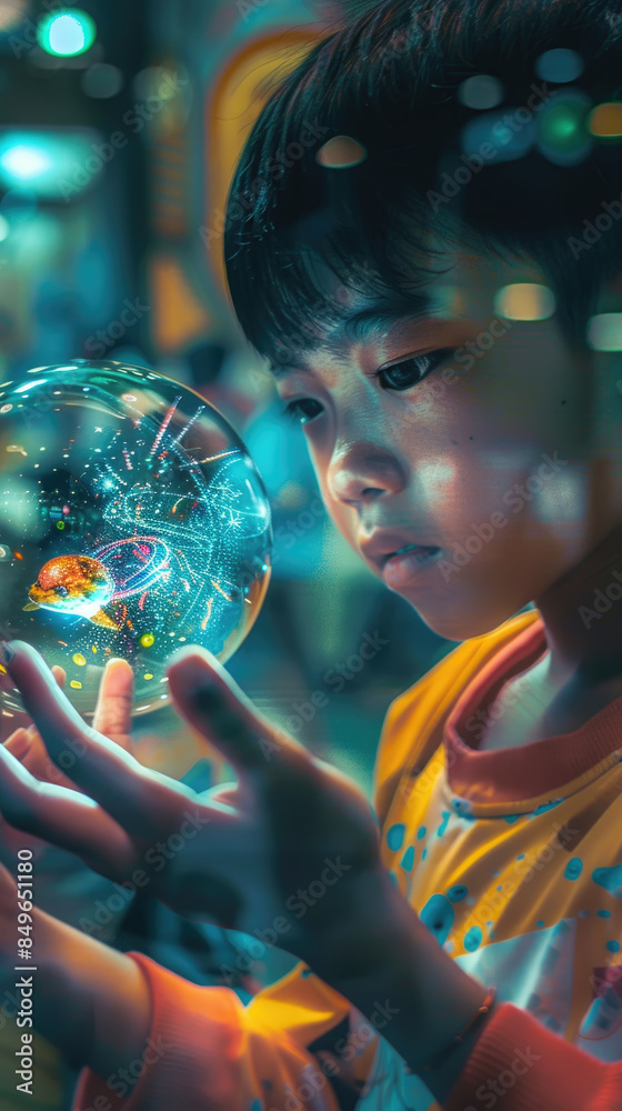 Naklejka premium A young boy with short black hair holds a crystal ball with a fish inside. He is looking intently at the ball, mesmerized by the fish and the city lights reflected in the glass