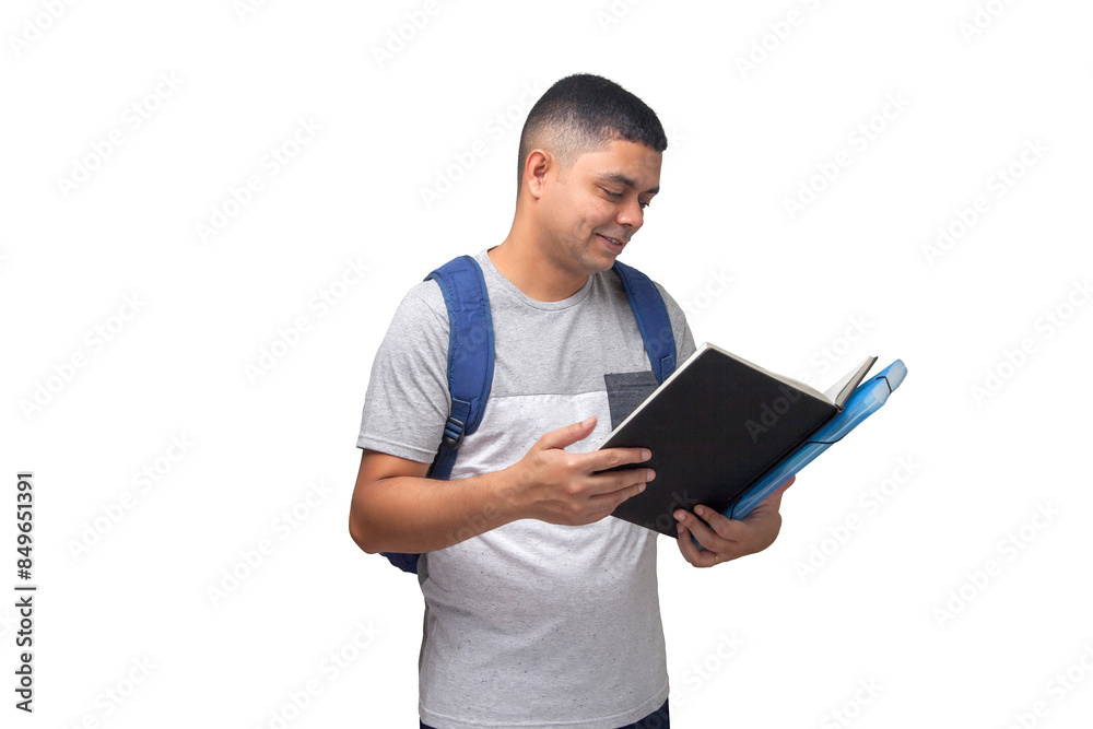 Student with backpack and notebooks in hands. Student concept. university concept. Neutral background. Student with backpack and notebooks in hands. Student concept. university concept. Neutral background.
