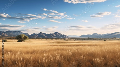 African Savanna Panorama with Wild Grasses and Mountains on the Horizon. Nature Photography.