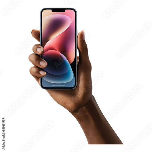 A hand holding a phone with a blue and red background photo