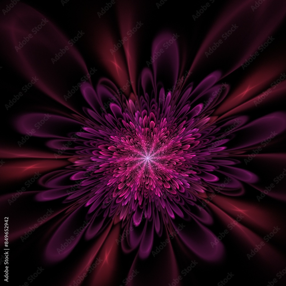 Dark fractal flower, digital artwork for creative graphic design...Fractal pattern in the shape of flowers on a black background.Abstract fractal background 3D rendering.