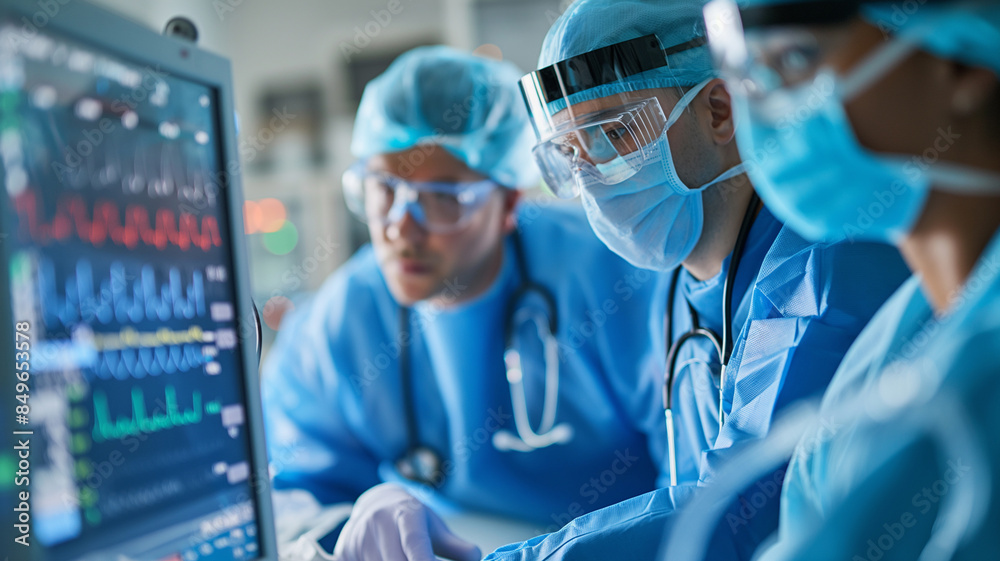 Medical Team in Operating Room Monitors Vital Signs on Advanced Medical Equipment, Showcasing Technological Integration and Precision in Modern Surgery - Generative AI Medical Team in Operating Room Monitors Vital Signs on Advanced Medical Equipment, Showcasing Technological Integration and Precision in Modern Surgery - Generative AI