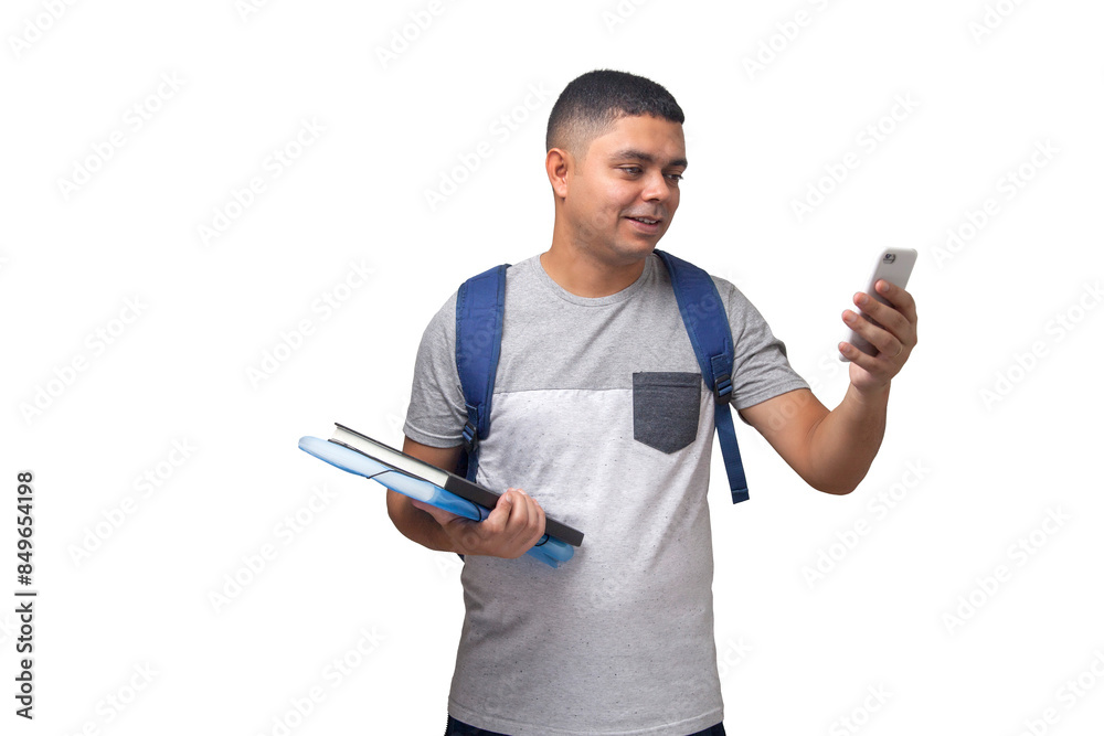 Student with backpack, notebooks and cell phone in hands. Back to school concept. university concept. Neutral background. Student with backpack, notebooks and cell phone in hands. Back to school concept. university concept. Neutral background.