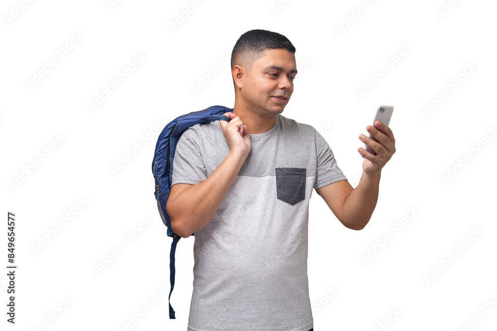 Student with backpack, notebooks and cell phone in hands. Back to school concept. university concept. Neutral background. Student with backpack, notebooks and cell phone in hands. Back to school concept. university concept. Neutral background.