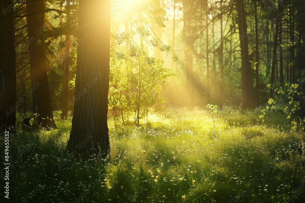 Obraz premium A bright, sunlit forest with tall trees and a grassy undergrowth