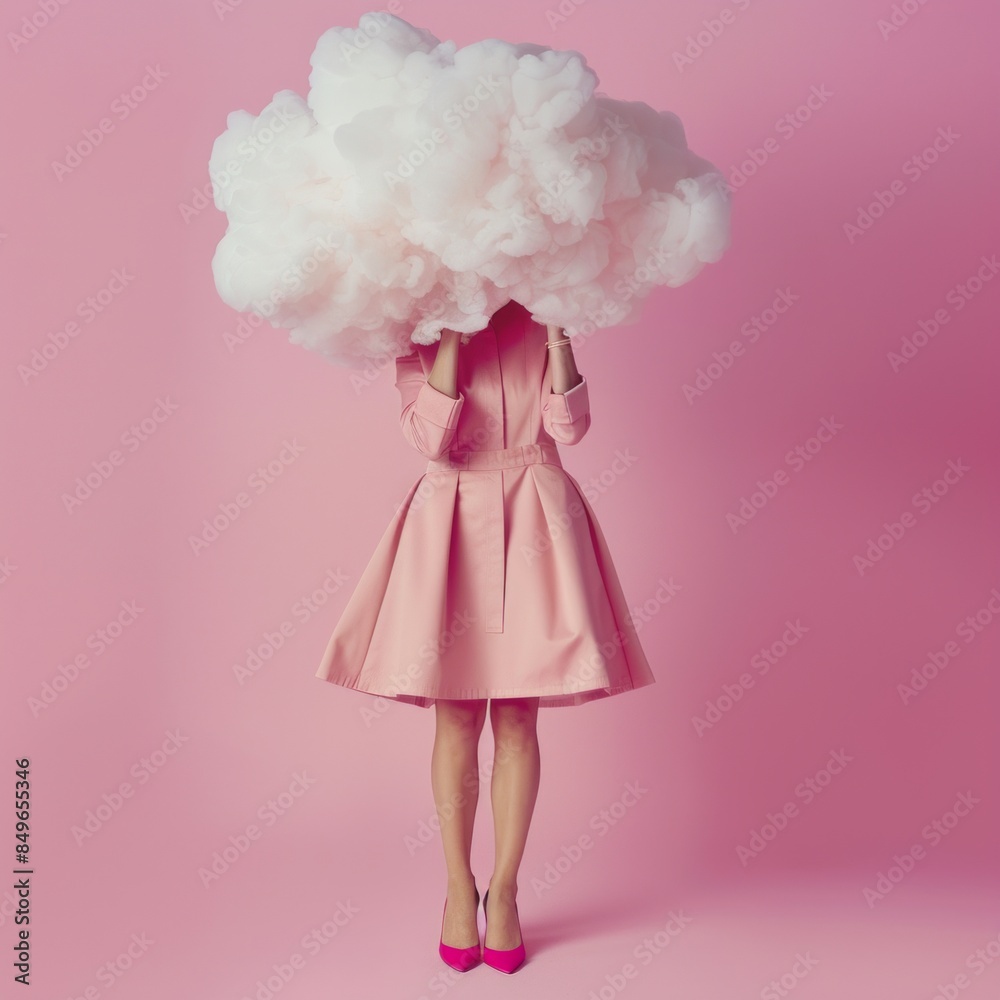 Model with obscured head by a cloud, dressed in pastel pink against a pink backdrop, evoking lightness Model with obscured head by a cloud, dressed in pastel pink against a pink backdrop, evoking lightness
