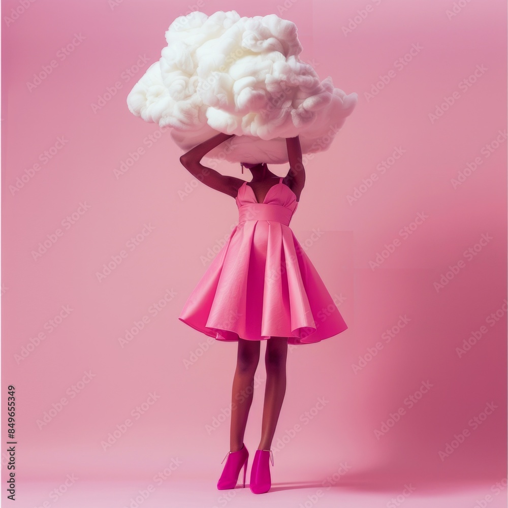 Fototapeta premium A unique conceptual image of a person with a fluffy cloud instead of a head, standing against a pink backdrop