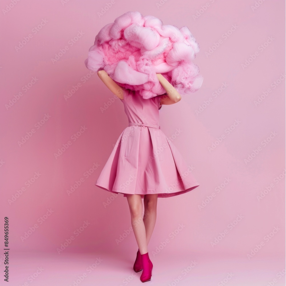 Fototapeta premium A striking image with a person holding a large mass of cotton candy behind their blurred head