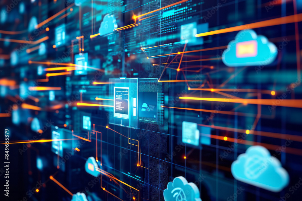Fototapeta premium A digital network with icons representing cloud computing and data transfer