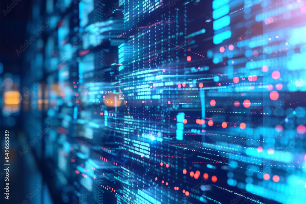 A digital data stream visualized as a wall of glowing blue and red lines in a dark server room