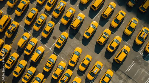 Aerial view of numerous yellow taxis parked in an organized grid pattern at a taxi depot during daylight. photo