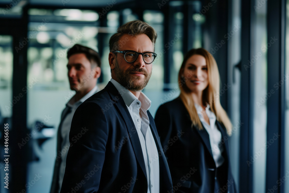 A businessman in a suit leads a team of professionals in a modern office A businessman in a suit leads a team of professionals in a modern office