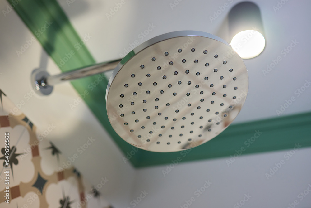 Ταπετσαρία Contemporary stainless steel showerhead in a bathroom, featuring modern design a