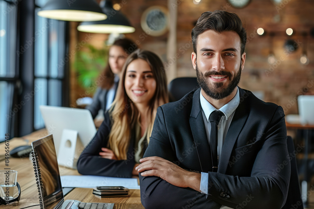 A man in a suit smiles at the camera while sitting with his colleagues in a modern office setting A man in a suit smiles at the camera while sitting with his colleagues in a modern office setting