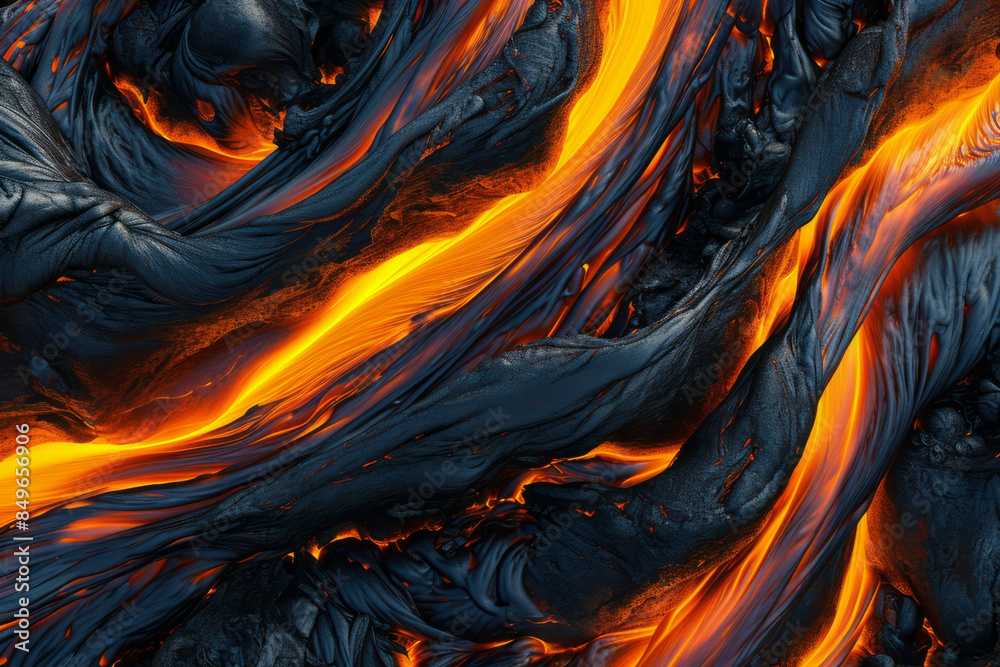 Molten lava flows through a dark, rocky surface