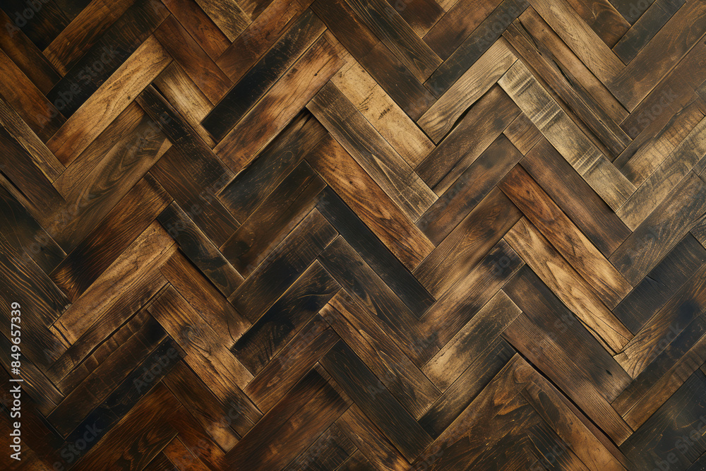 A close-up of a distressed brown wooden floor with a herringbone pattern