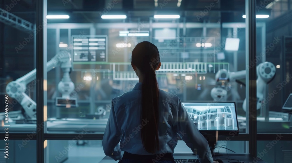 Female industrial engineer in an intelligent factory operates automation robot arms using a real-time monitoring system.