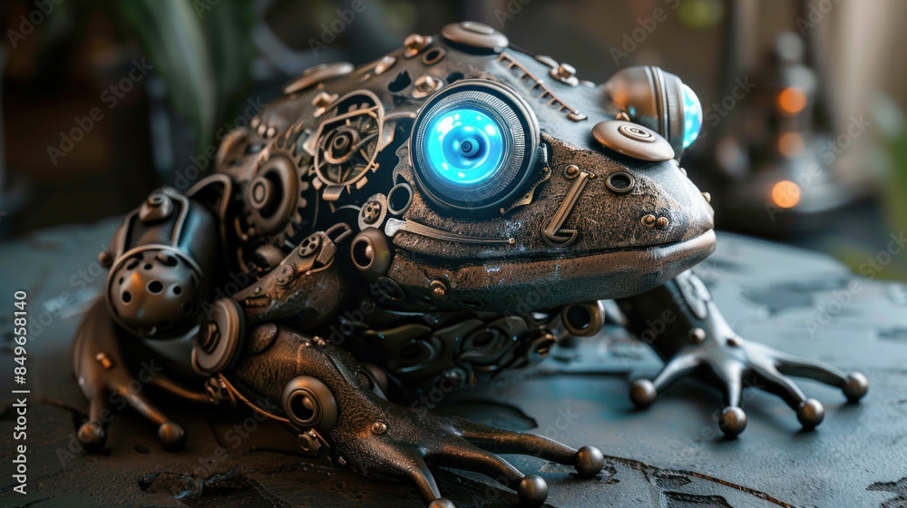 Fototapeta premium Cybernetic Steampunk Monster Frog Animal Robot. AI generated image