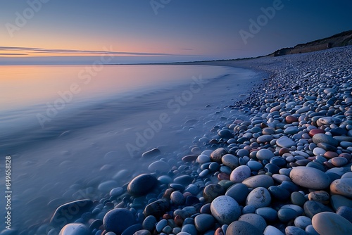 The smooth, undisturbed surface of a pebble-strewn beach at dawn