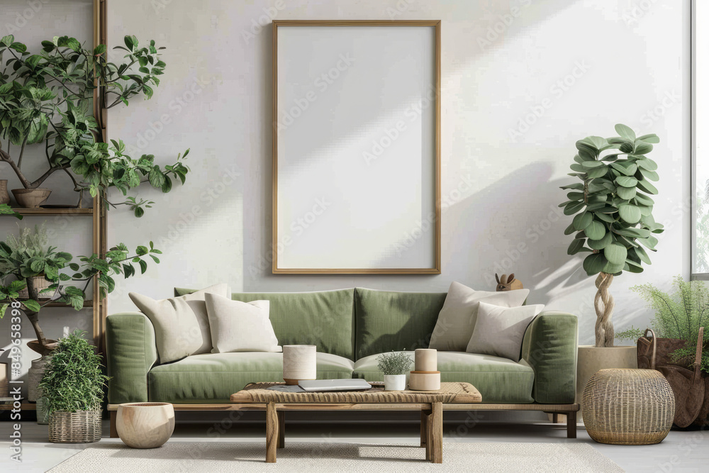 Fototapeta premium A modern living room with a green sofa, wooden coffee table, and plants