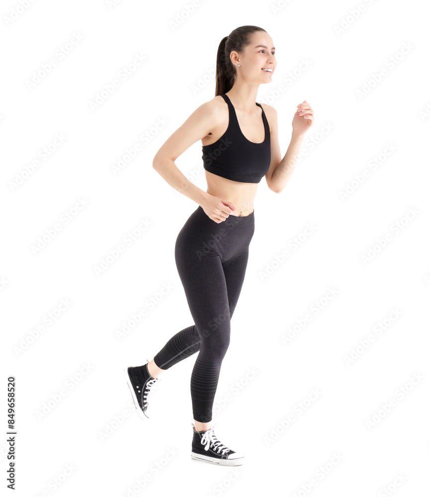 Sporty young woman running on white background Sporty young woman running on white background