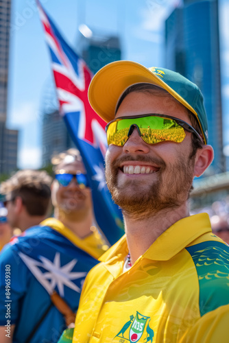 Excited Group of Australian Cricket Supporters in Yellow Jerseys, Waving Flags and Cheering photo