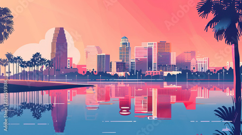 Risograph print travel poster, card, wallpaper or banner illustration, modern, clear and simple of Orlando, Florida, USA. Artistic, stylistic, screen printing, stencil, graphic design