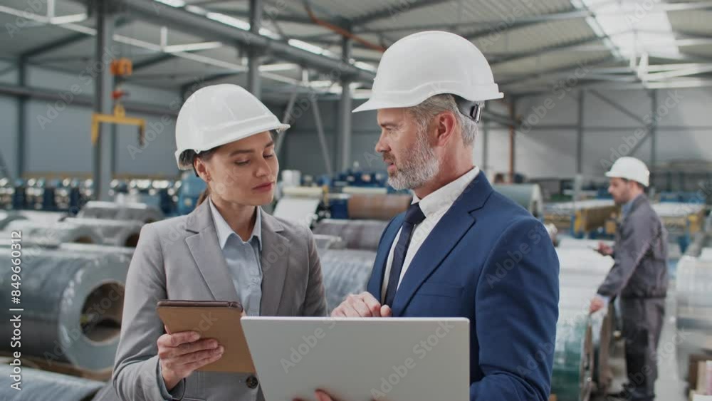 Caucasian managers using technology gadgets while standing in storage at factory. Intelligent boss speaking with young woman while working on laptop. Pretty lady showing something on tablet device. Caucasian managers using technology gadgets while standing in storage at factory. Intelligent boss speaking with young woman while working on laptop. Pretty lady showing something on tablet device.