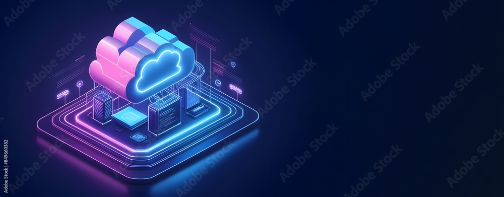 Isometric cloud storage for downloading, digital service or application facilitating data transmission. network computing technologies, Neon design